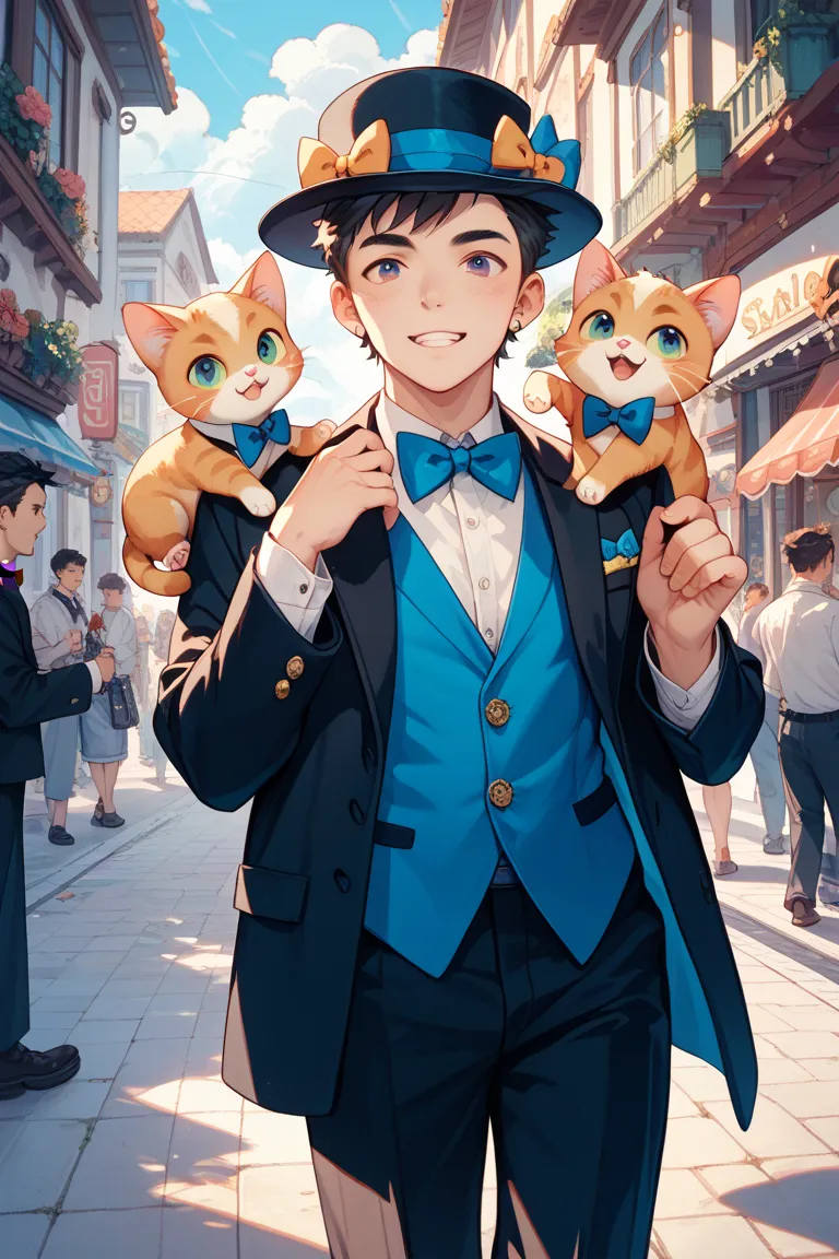 movie、The Cat Who Keeps Your Ear　A cute cat with Baron on three heads。Baron is a boy。Wearing a tuxedo, bow tie, and hat。２briskly walking。An illustration of it as a cute boy cat in the style of a mini character

