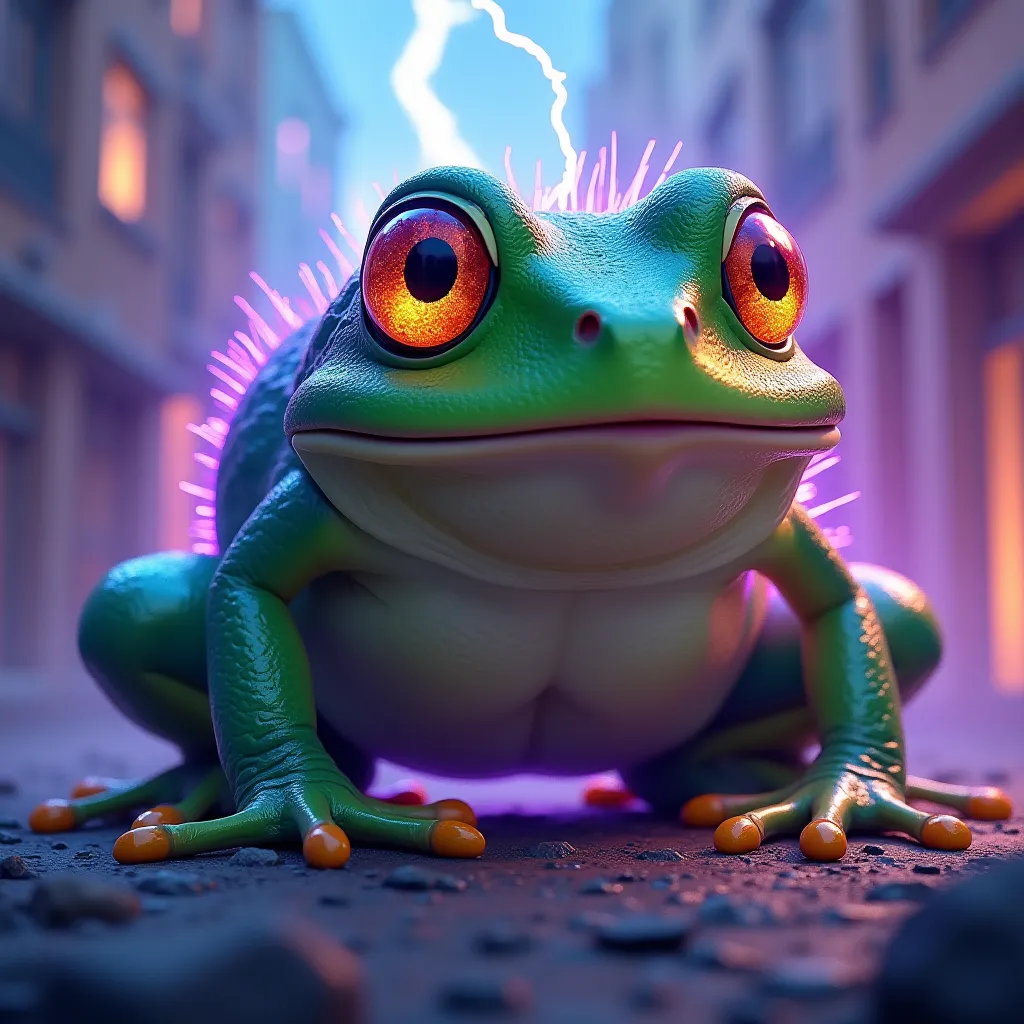 A colossal frog with green scales and glowing neon purple details. It has bright eyes and a powerful expression, blending a cute yet monstrous look. The background should be vibrant, featuring lightning or a destroyed urban setting to emphasize its dominan...