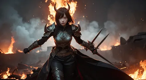  beautiful Korean girl , , a cute face with short short hair, A 19-year-old girl with horn-rimmed glasses. Surrounded by ruins falling as lava flows and flames soar. The armor is decorated with delicate yet powerful details, and, Her short hair is blowing ...