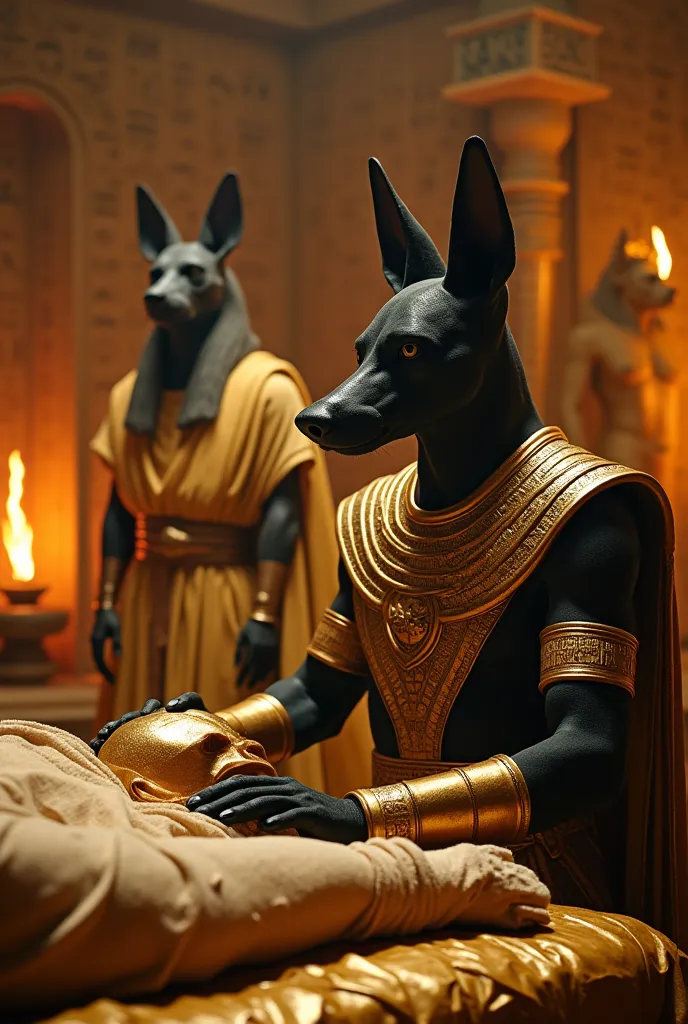 A stunning scene from ancient Egypt, showing the black jackal-headed, golden-bodied god Anubis performing a mummification ritual in a sacred temple,Anubis wears ornately detailed golden armor and a lavish Egyptian collar,He sits next to a mummy carefully w...