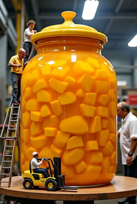 Mango Pickle Aging Warehouse – A giant ceramic jar of mango pickle is stored in a spice-
aging facility, where workers check the absorption of masala and oil. Some workers climb
ladders to stir the mixture, ensuring even distribution of flavors. A tiny for...