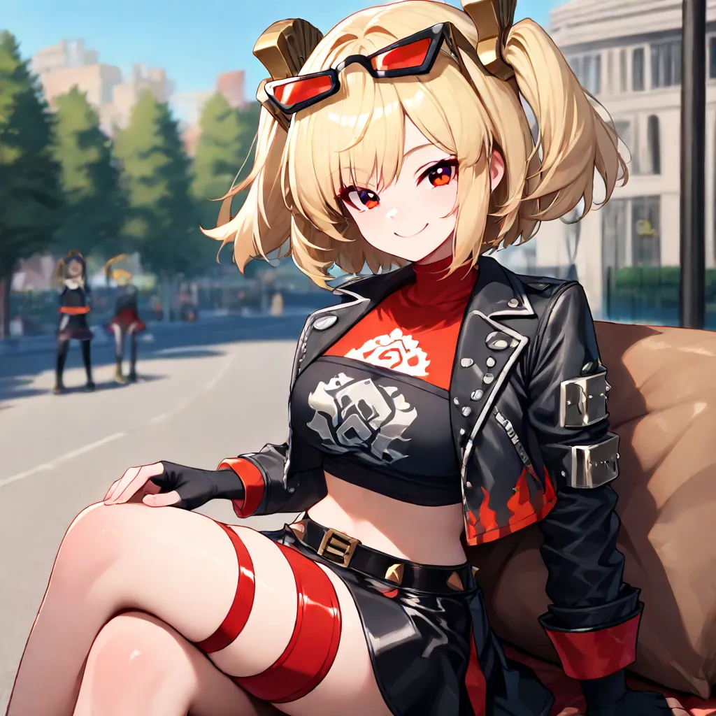 Masterpiece,t-shirt,amazing quality,burnicezzz    , blond hair, red eyes,short hair,  two sides up,  pillow,  glasses on the head,  a girl, Alone ,  exterior, street,cowboy shot, looking at the spectator, negro,   cropped jacket  ,  long sleeve leather, fi...