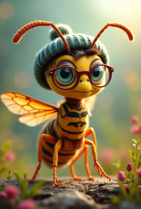 A wasp with hair and glasses and a cap