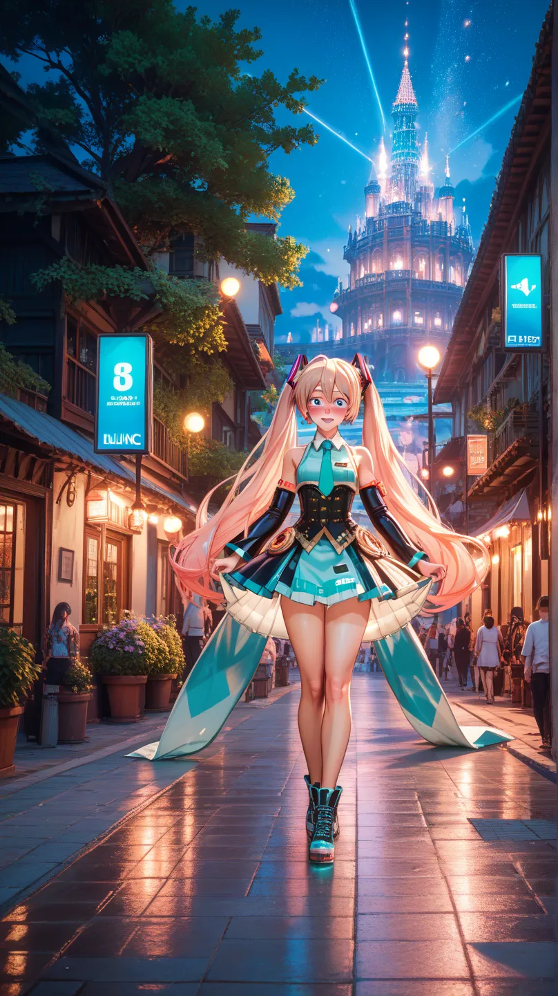  Hatsune Miku,best image quality,full body,embarrassed look,anime,4K,HDR,UHD, ultra-fine in 8K,Photographer,Authentic,vibrant colors,Bokeh,Fantasy Scenery, background,Graceful posture,delicate emotional expression,Dreamy Atmosphere,Soft Light Production