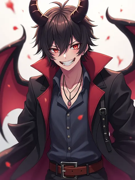 Create an anime-style character with pointy and sharp teeth, What is a demon, But it doesn't have its horns and wings, He has a seductive and frightening smile at the same time, A stance of "Bad boy" And there are some belts scattered around the body, in a...