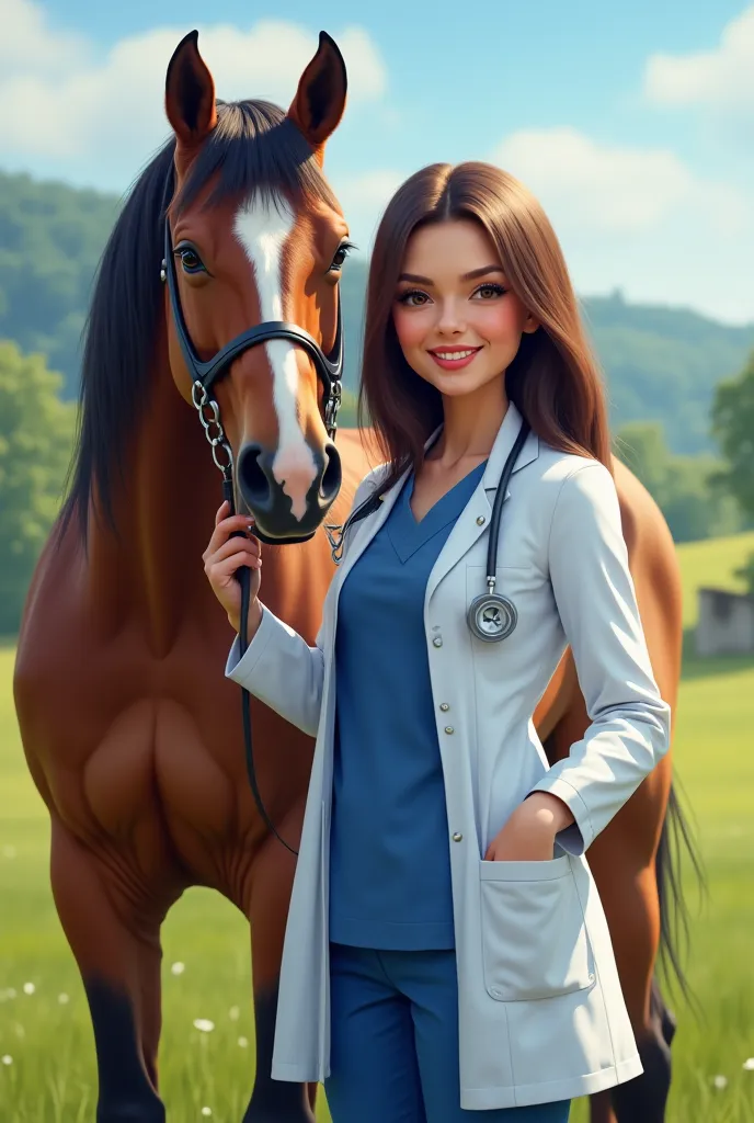 Image of a smooth-haired brunette dressed as a veterinary doctor with a horse
