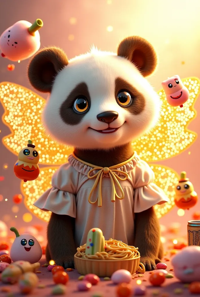 "An elegant, breathtaking panda woman adorned with sparkling golden butterfly wings that cascade behind her in layers of intricate, shimmering patterns. Her wings are translucent at the edges, giving a delicate, ethereal effect as they glow softly. Her fur...