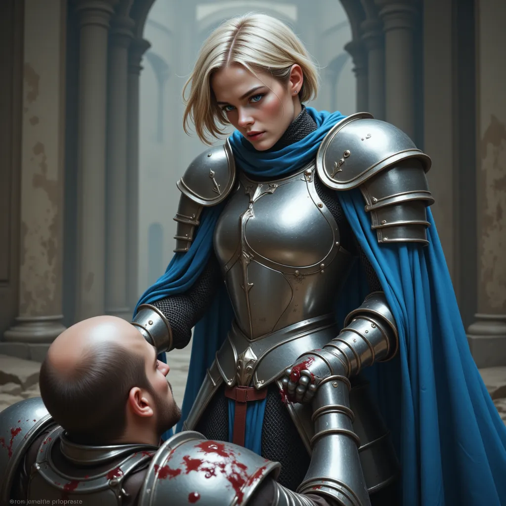 High resolution, masterpiece, photorealistic, a full armored 17-year-old female knight with blue eyes, blonde short hair, indomitable look wearing shiny medieval armour with blue cape and brandishing a sword, smiling with significantly malicious and ruthle...