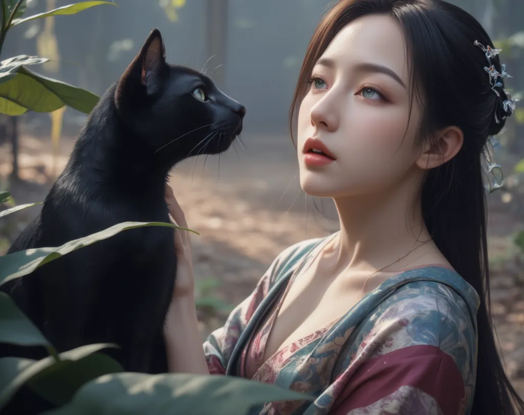 Japanese woman and blue-eyed black cat