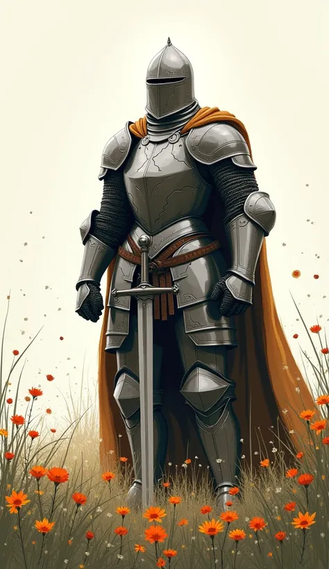 Medieval Knight, Holding a Sword Planted in the Ground, Standing in foreground, Flower field in background, sketch style, with color