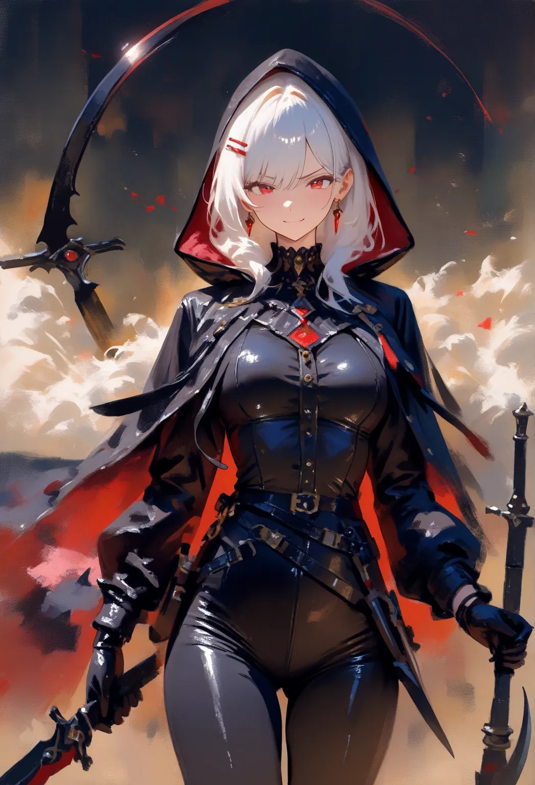 Black hood , Hood up ,Vampire , cool , (long-white-hair), (black-clothes), red hairpin, black gloves Red eyes, distinct line, 8k, wield knife, (Black Scythe blood), ( two-Black knife) , scowl at, return blood, dusky blood, Grim ripper Aura , Cowboy Shot, d...