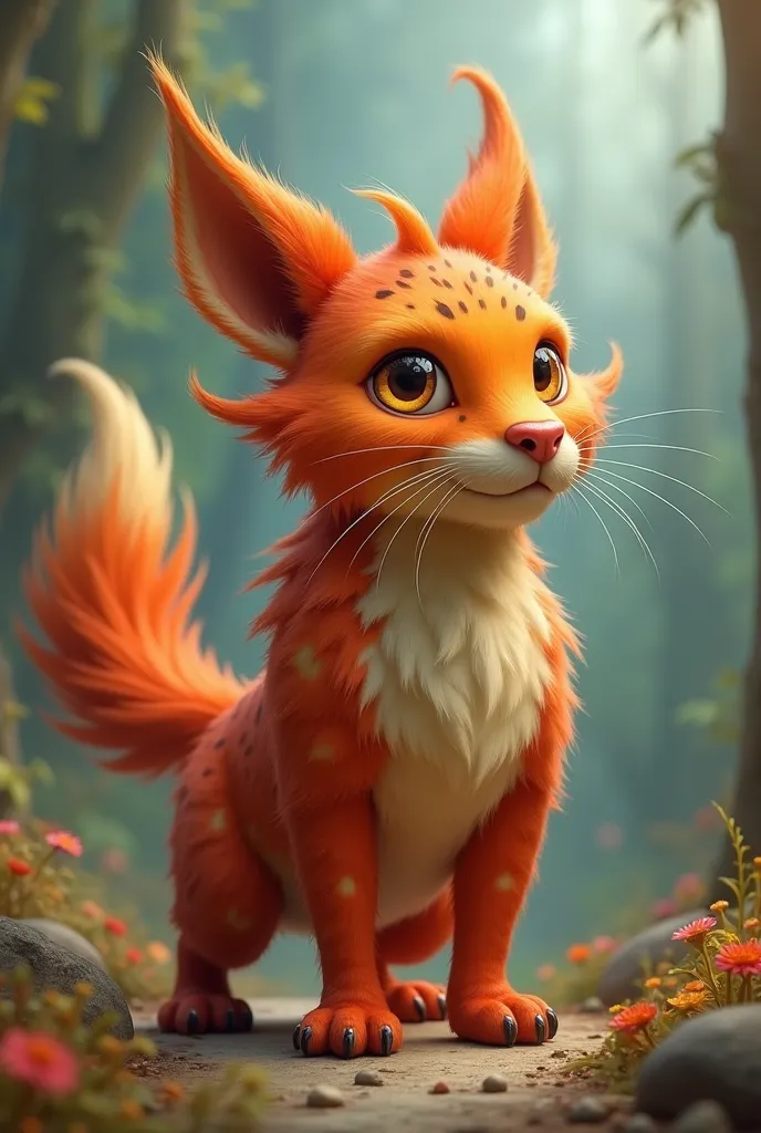 Hairy, long snout like nose, 3 legged,round head, Tail, red/orange fur, long whiskers, round floppy ears, and spotted cat-like body