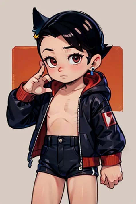 "A young boy with bright red short hair , bright skin, and the soft expression , wearing an oversized black jacket.  Has earrings in his left ear .  The boy pow pose.  The background is plain white ,  gives full focus to the character of the boy ,cute chib...