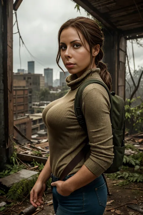 A professional medium-shot portrait of (gianna michaels) as Ellie from The Last of Us. She is dressed in a rugged outfit: a faded high-neck turtleneck sweater, jeans, and a backpack. She stands in an overgrown, post-apocalyptic cityscape, with dilapidated ...