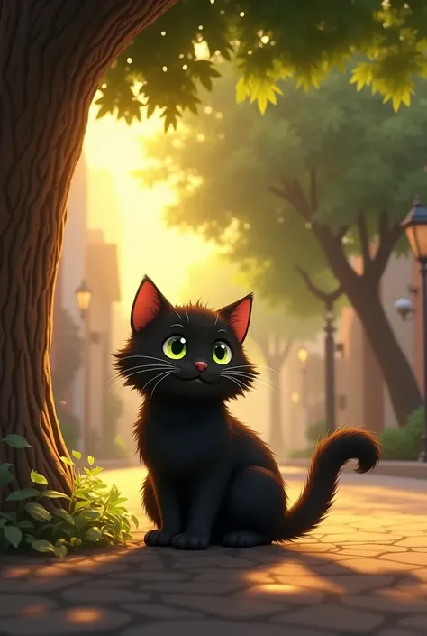 character: black, Plump, fluffy cat with big round green eyes, with its pressed ears and a soft tail, with its ears twisted around its paws. Circumstance: A quiet corner of the street with an old tree and warm golden sunlight,  dance happily . actions: The...