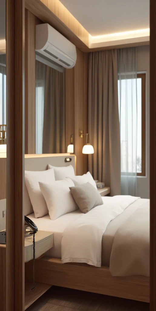 The image shows a sophisticated hotel room or suite, with a modern and cozy design. there is an outlet with a fixed telephone on a small wooden support, giving an elegant touch to the space.

In the background, there is a large double bed with a wooden fra...