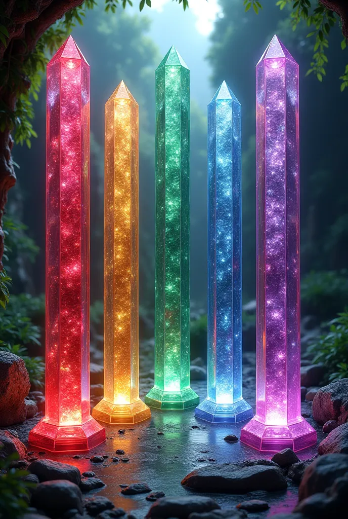 Pillars: 12 precious stones, one of each color 
