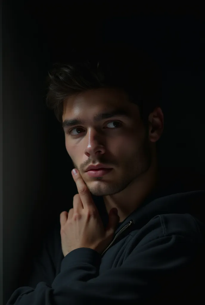 Realistic 18 year old in dark room touching his cheek shaved face