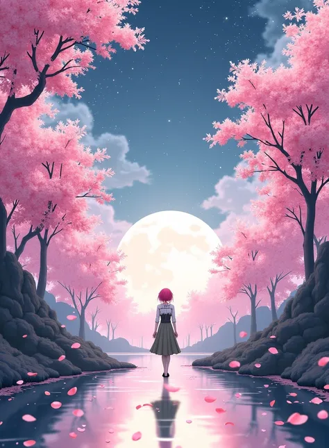 Create a landscape with sakura trees, a starry sky and a view of the moon and the character in the image being in the middle