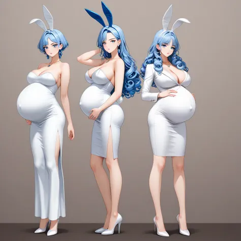 Pregnant bunny woman, tight white formal dress, curly blue hair, bunny ears, necklace, earrings (beautiful detailed blue eyes), full body shot