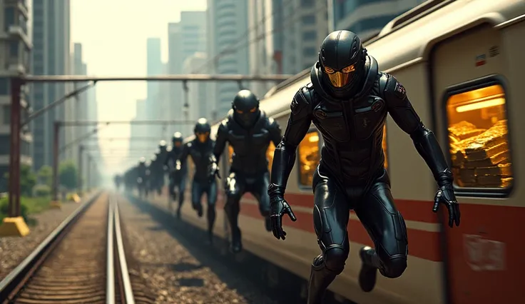 A group of masked thieves in high-tech suits jumping onto a moving bullet train, cutting into cargo containers full of gold bars while speeding through the city.