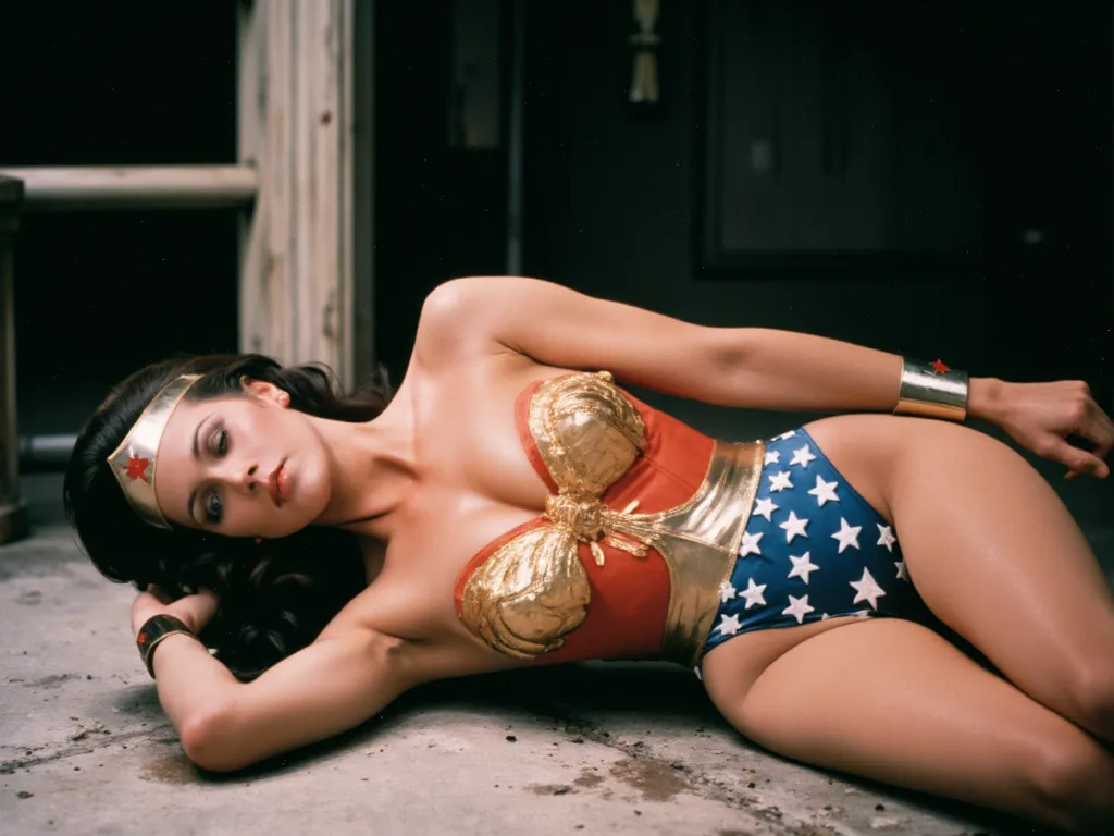  Wonder Woman lies on the evil cult altar in 1920， 1 Girl ， upper body photo , with eyes closed，unconscious ､lying on the ground､ lying on back ､,  Wonder Woman revealing her  , 20 year old model， unconscious , (((Positions Comply with Human Anatomy))) ，((...