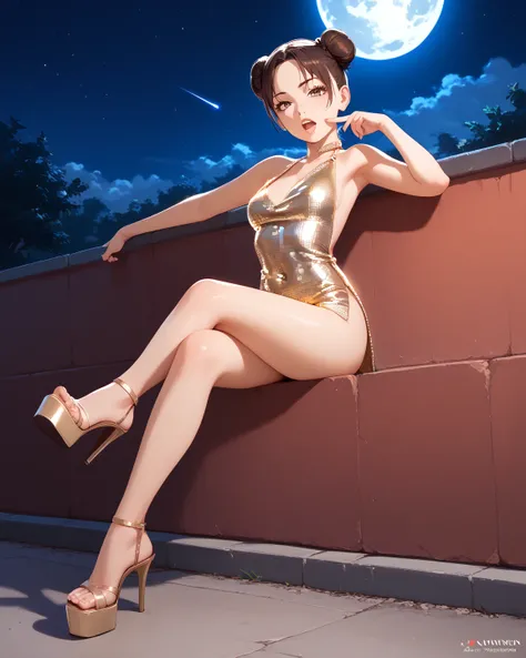 score_9, score_8_up, score_7_up, score_6_up, source_anime, anime, solo, t3nt3n, double bun, brown hair, brown eyes, disco dress, microdress, full body, high heels, outdoors, sitting on little wall, night, moon, stars, moonshine, seductive face, one finger ...