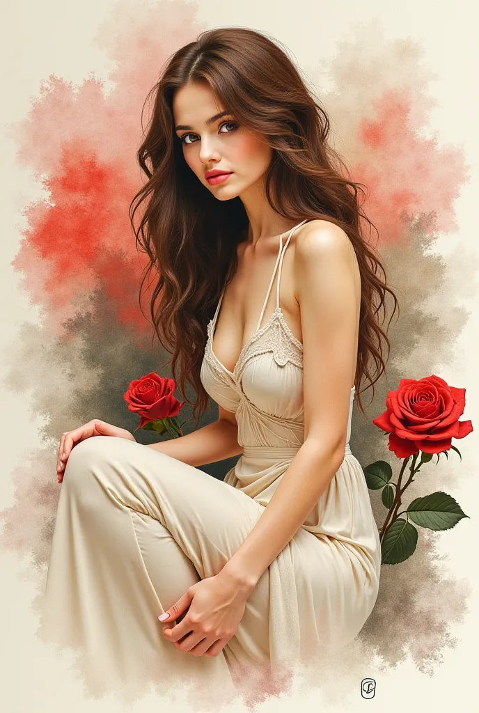 Watercolor drawing, pencildrawing, handdrawing, woman, big ink stains in the background, sitting pose, body, brown hair, cream skin, long hair, red rose, angel, 