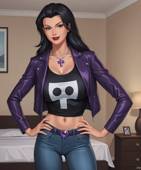 safe_pos, PonyXLV6_Scores BREAK (((retro artstyle, parody, animification)), perfect anatomy, cowboy shot) helena bertinelli, long hair, black hair, black eyes, dark red lipstick, ((looking at viewer)), amethyst jeans, amethyst bomber jacket, amethyst racer...