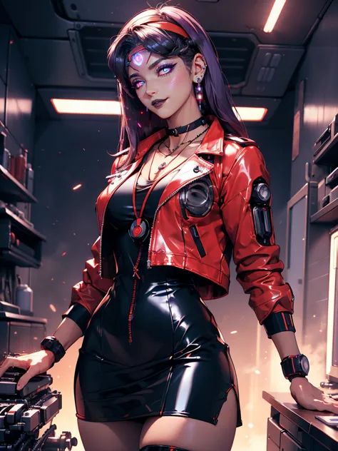 Evangelion Operation Command Room, Katsuragi Misato, Commander Sex Android, (Evangelion Commander's Uniform, black latex bodysuit, pencil skirt, red cyber jacket, Micro Miniskirt,  thighs, ((mechanical cyber headband, mechanical cyber choker,  pendant, mec...