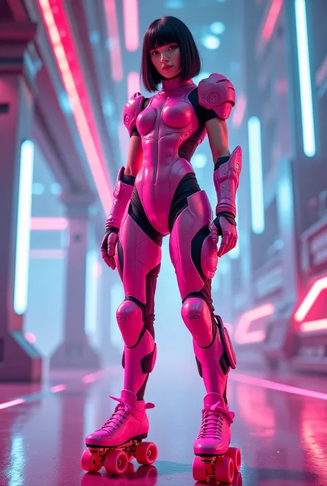 photo-realistic, ultra-realistic, very beautiful Japanese futuristic soldier,pink leotard,dramatic scene, masterpiece,close up of feet wearing pink platform roller skates 