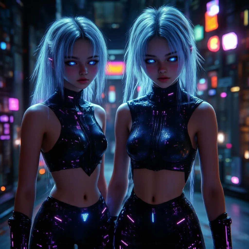 hyper realistic, two girls one ginger and one with blue hair sad and afraid, age-14 in a sci fi military outfit, leggings with small glowing blue neon lines tank top with small glowing blue neon lines, belts neon lights, scifi inplants, flat belly, tiny wa...