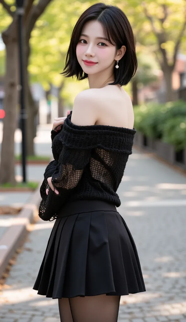 ((Full body photo facing backwards、Full body photo posing backwards、 in return、 Beautiful Short Black Hair 、slim and small buttocks、 Buttocks Highlighted Poses、The gesture of putting a hand on the chest、A gentle expression with sex appeal))、((Wear a black ...