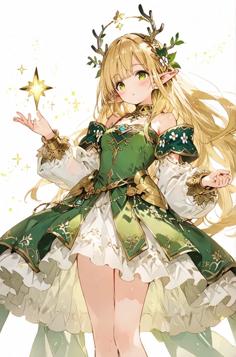 blonde_hair, long_hair, elf_ears, antlers, floral_hair_ornament, crown, green_eyes, off-shoulder_dress, green_dress, gold_trim, white_dress, magical_glow, flowing_hair, fantasy, nature_theme
The character extends her left hand forward with fingers spread, ...