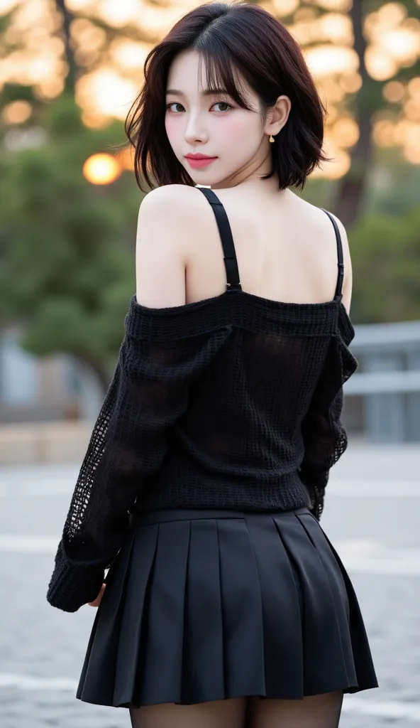 ((Full body photo facing backwards、Full body photo posing backwards、 in return、 Beautiful Short Black Hair 、slim and small buttocks、 Buttocks Highlighted Poses、The gesture of putting a hand on the chest、A gentle expression with sex appeal))、((Wear a black ...