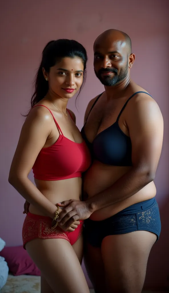 in indian big empty slum bedroom a very fat huge chubby black skin man and a sexy white skin woman, woman with black dot bindhi and red sindoor near her hairline, woman with thick fat curvy mom body physique, woman with black ponytail hair, woman wearing t...