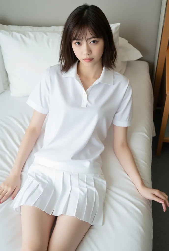 (Masterpiece, Best quality: 1.4), (Ultra realistic, Photo-realistic: 1.3), overhead shot, nsfw, ((Wearing white tennis uniform, White short-sleeve polo shirt with collar:1.3)), (unbutton), (unbutton polo shirt), ((White pleated tennis skirt: 1.3)), (Wearin...