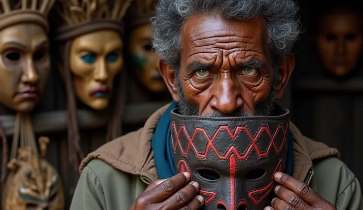 "A close-up of an elderly Afro-Brazilian man (dark skin, deep wrinkles, gray hair tied in a scarf, milky white eyes) holding a leather mask with geometric red patterns. The mask casts a shadow over his face, and the stall behind him is cluttered with eerie...