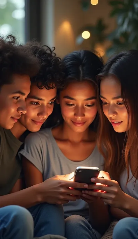 4 young people looking at a cell phone 