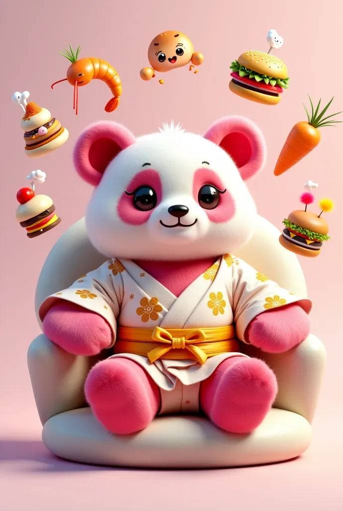 "A charming, adorable, and muscular pink panda character with a playful and friendly expression, sitting comfortably on a plush white chair. The panda has large, sparkling eyes filled with joy and curiosity, with long, fluttery eyelashes that enhance its c...