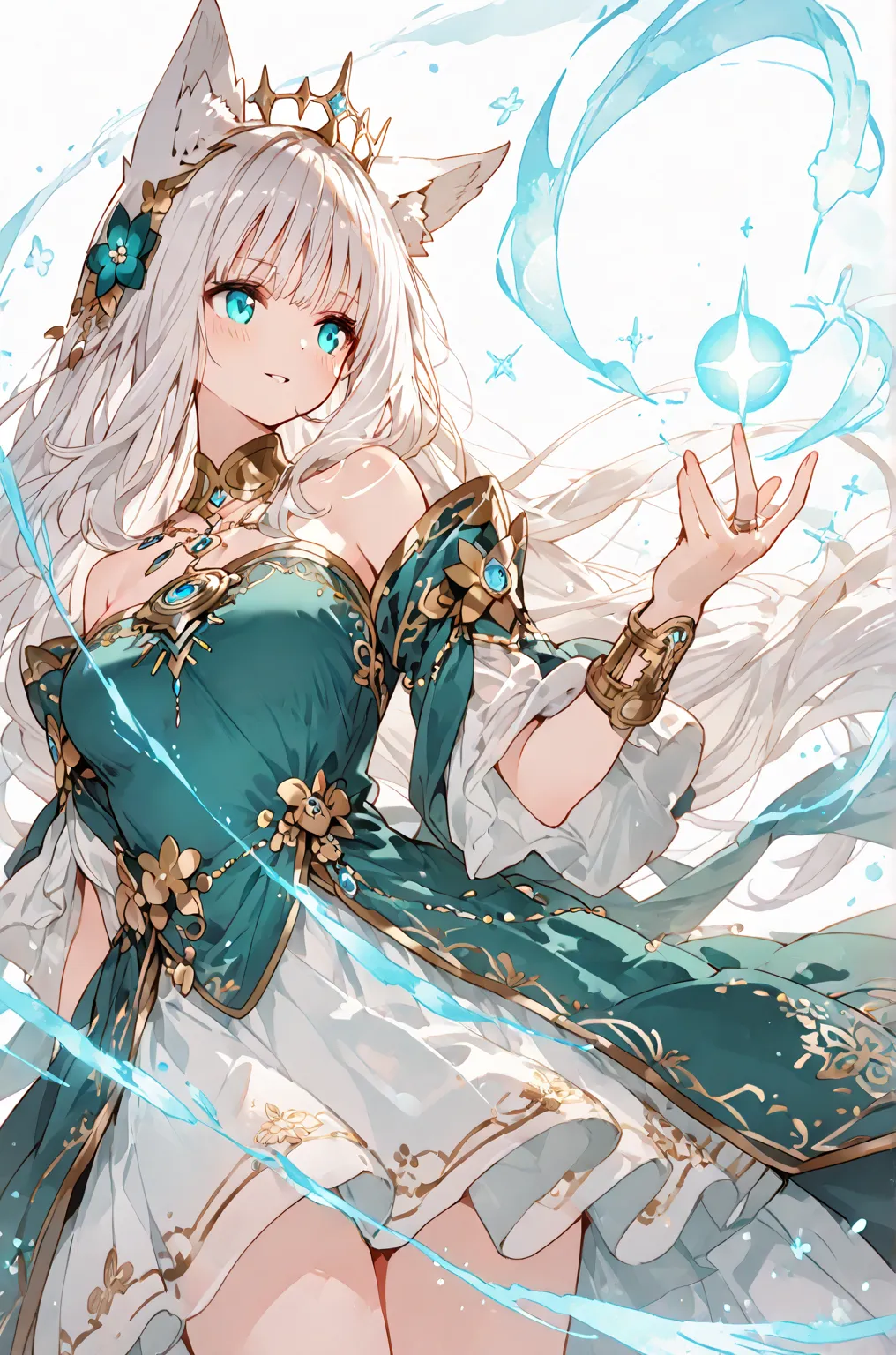 white_hair, long_hair, fox_ears, blue_eyes, floral_hair_ornament, crown, off-shoulder_dress, teal_dress, gold_trim, white_dress, magic, glowing_effects, flowing_hair, fantasy, ethereal The character extends her right hand forward, palm facing outward, fing...