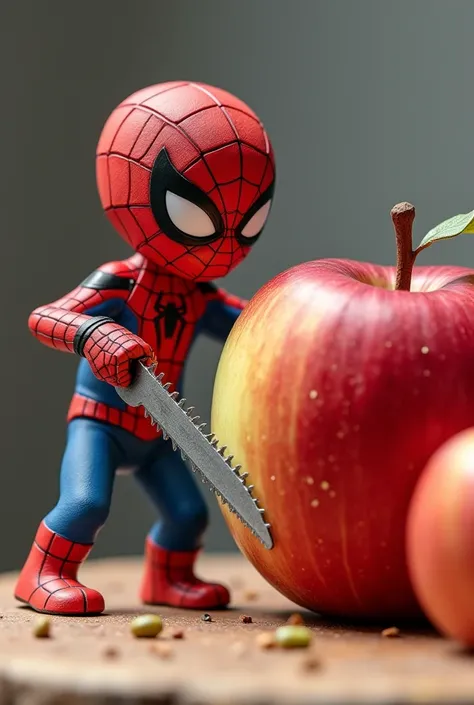 "A small Spider-Man, with sharp features, is cutting a large apple with a serrated saw. The image is high quality, 8K Ultra HD, with realistic 3D colors and extremely clear details."