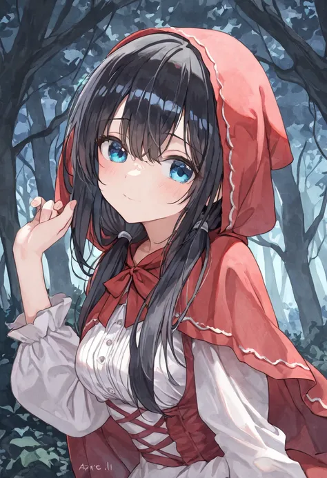 (pastel, watercolor),  In the Dense Forest, little red riding hood \(grimm\) \(cosplay\), cute young 1girl  \(medium breasts, Azure Eyes ,delicate beautiful eyes ,beautiful face\)  \(black hair, twintails, long hair, Long side bangs, Beautiful Bangs, bangs...