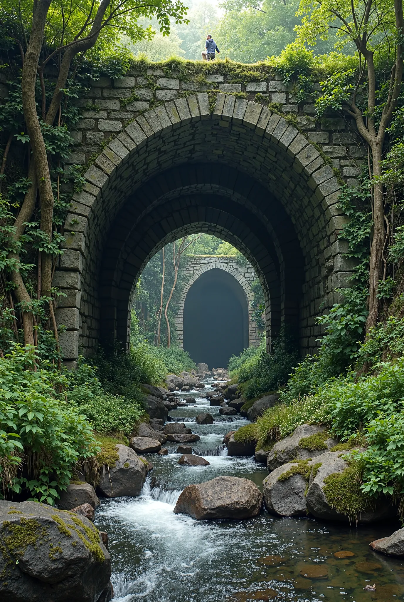 The image depicts an ancient, overgrown stone tunnel with multiple arches, surrounded by lush greenery and a flowing stream. The scene is illuminated by natural light filtering through the tunnel's openings, creating a serene and mystical atmosphere.