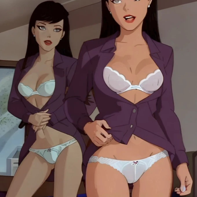 refined,
Full body of Lois Lane  , posing sexy,purple coat,  white bra , white pleated miniskirt,   purple panties 