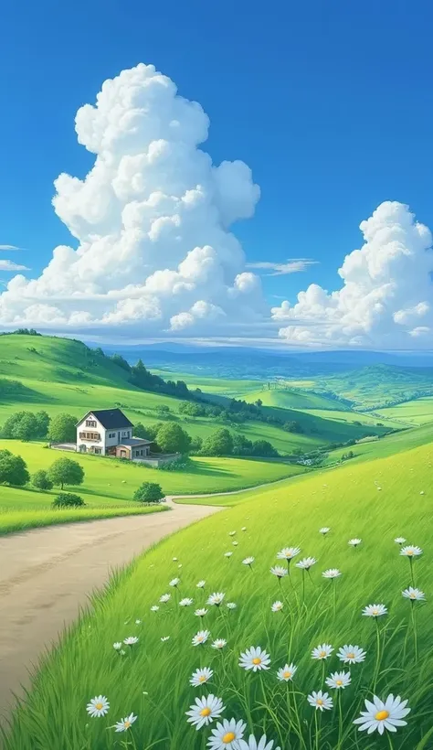 realistic, Genuine, Beautiful and Spectacular Scenery Oil Painting Studio Ghibli Miyazaki Hayao Petal Prairie Blue Sky Prairie Country Road,building, 