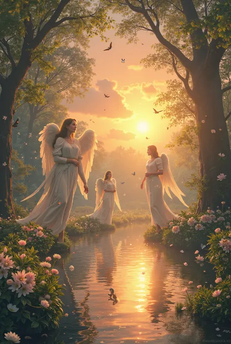 An angelic forest with a sunset, sparkles full of dandelions and jasmine with a lake that has a duck and a swan, over the lake a butterfly perches and the lake has. 