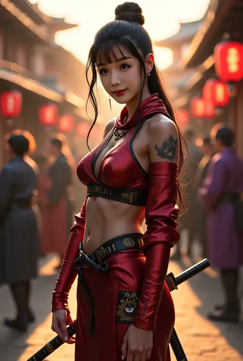 female ninja , wear sexy ninja outfit. full body photos, beautiful face, photo realistic, background edo era full of other people on that era doing their things , morning sun