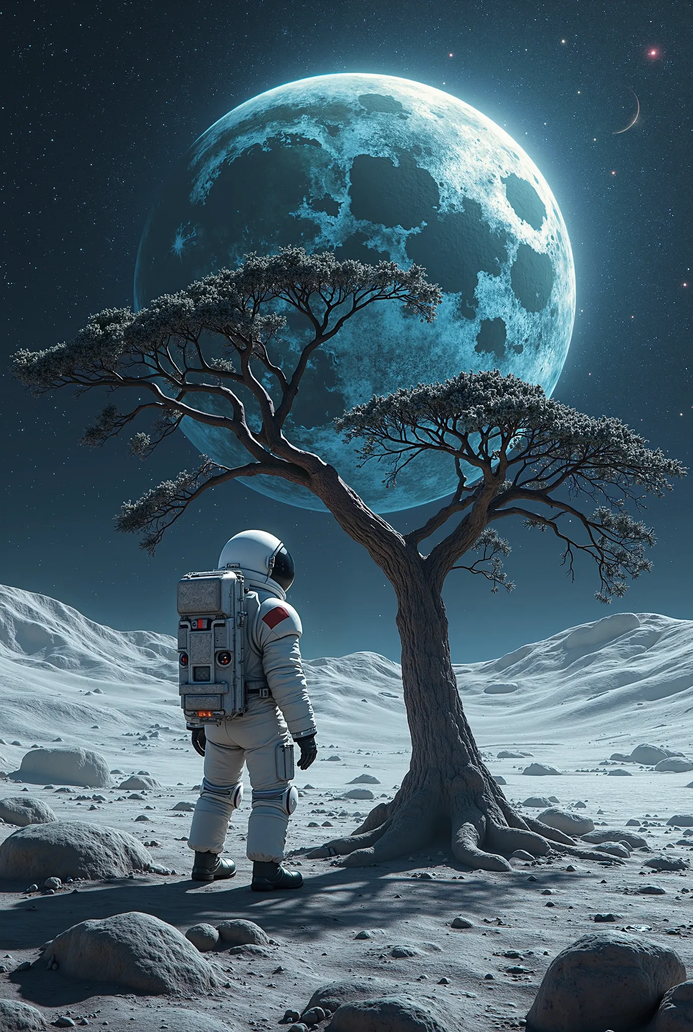 An astronaut standing next to a tree on the Moon. detailed cosmic sky. Dark Ambient, hyper detailed, psychedelic 