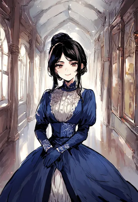 1girl, woman, short stature, long hair, black hair, bun, blue evening dress, lace blue gloves, eyes yellow, Victorian era, novel style, look at viewer, hallway of mansion is background, semi-darkness, male, smile soft.